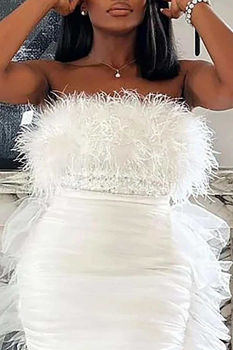 Plus Size White Party Strapless Feathers Zipper Tube Top 