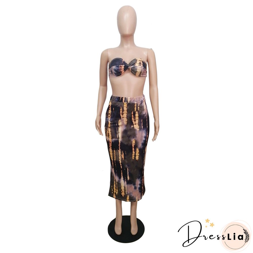 Summer Tie Dye Plus Size Fashion Clubwear Strapless Crop Top Maxi Skirts Women Sexy Two Piece Set