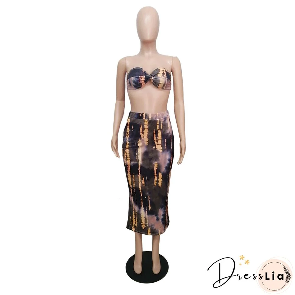 Summer Tie Dye Plus Size Fashion Clubwear Strapless Crop Top Maxi Skirts Women Sexy Two Piece Set