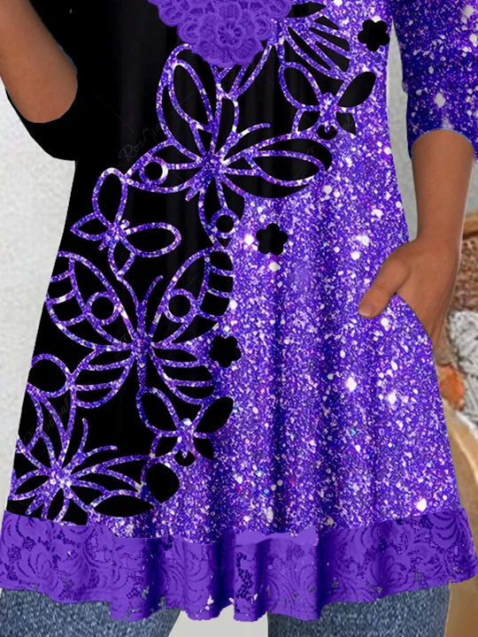 Women Long Sleeve V-neck Butterfly Polka Dot Printed Graphic Lace Pockets Tops