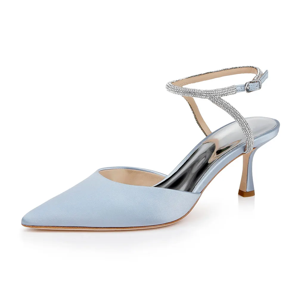 Sky Blue Stiletto Heel Ankle Strap Rhinestone Pumps Shoes with Buckle