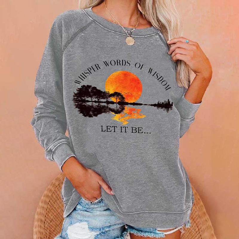 Hippie Guitar Lake Whisper Words Of Wisdom Let It Be Print Crew Neck Sweatshirt wearshes