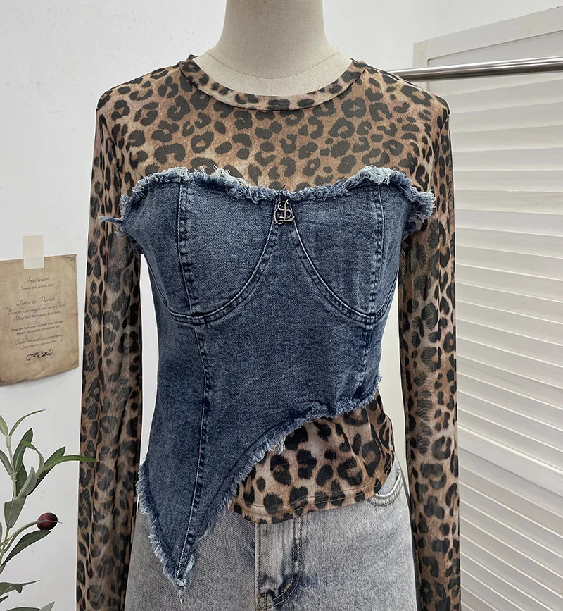Brownm Real Shooting Fashion Leopard Tard Tard Babes Mesh Splicing Denim Irregular Bottom Shirt Short Top 2617