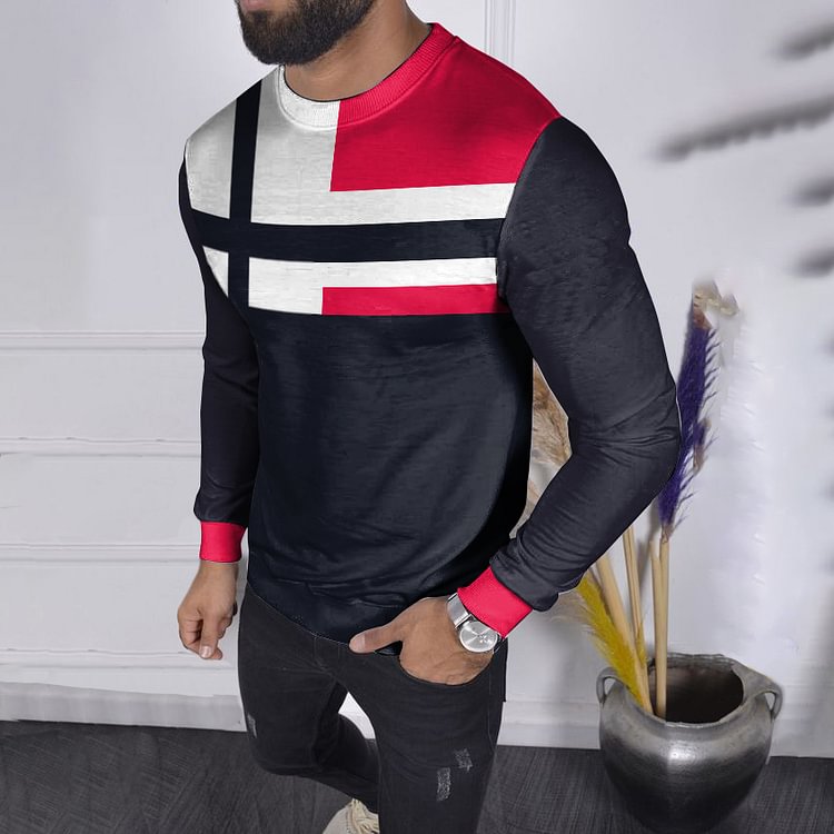 BrosWear Round Neck Cross Stripe Contrast Color Long Sleeve Sweatshirt