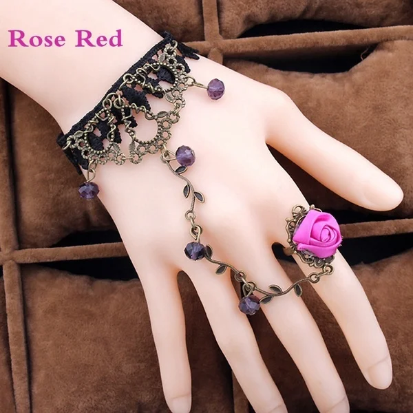 Victorian Style Black Lace Floral Rose Flower Link Chain Slave Bracelet Ring Set Goth (6 Colors)