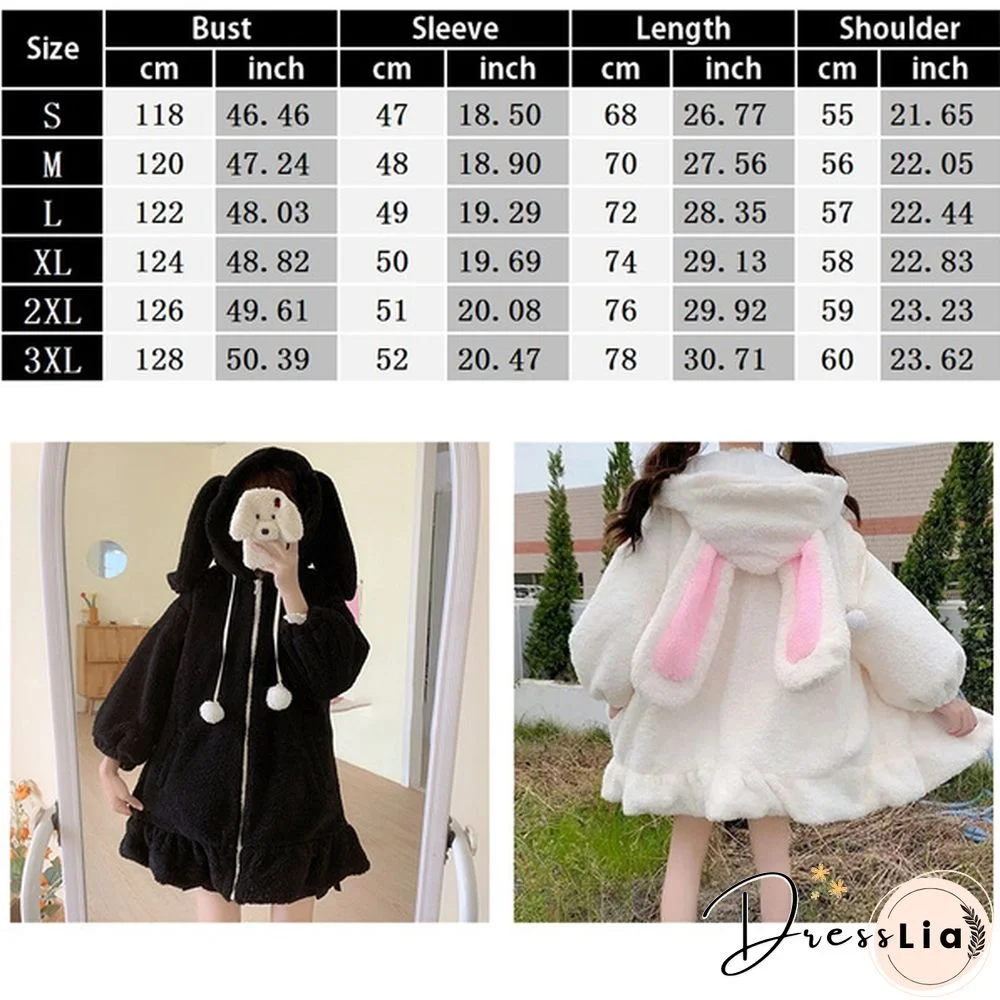 New Women Kawaii Zipper Hooded Coat Rabbit Ears Cute Sweet Girls Harajuku Style Warm Jacket