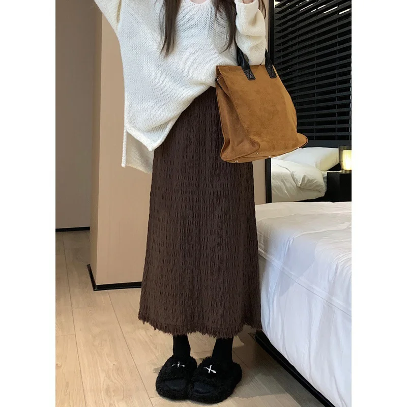 Toloer Toloer New Fashion Straight Tube Hem A Line Skirt Korean Pleated Pendant Feeling High Waist Versatile Knit Long Skirt-Outfit Ideas