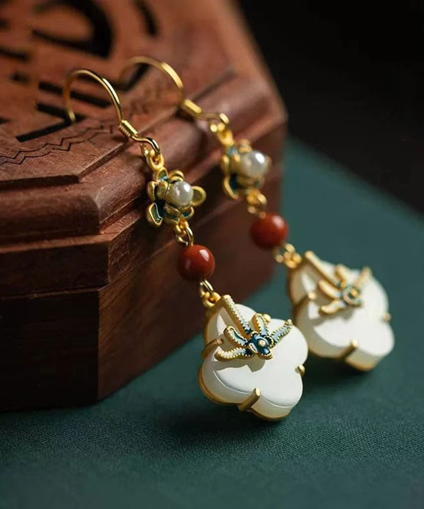VCSHOES Rainbow Sterling Silver Overgild Jade Pearl Enamel Floral Drop Earrings
