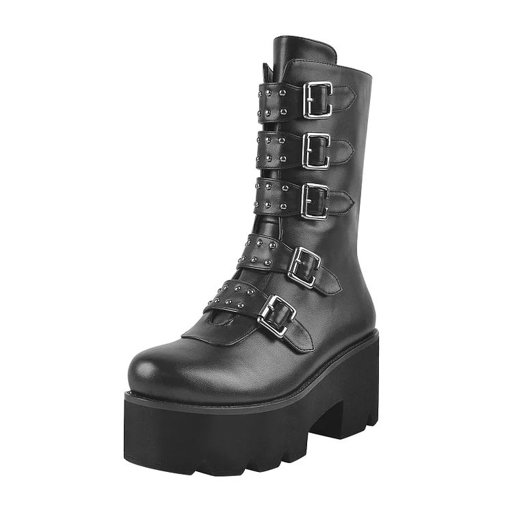 Goth Wedge Platform Multiple Buckle Ankle Boots