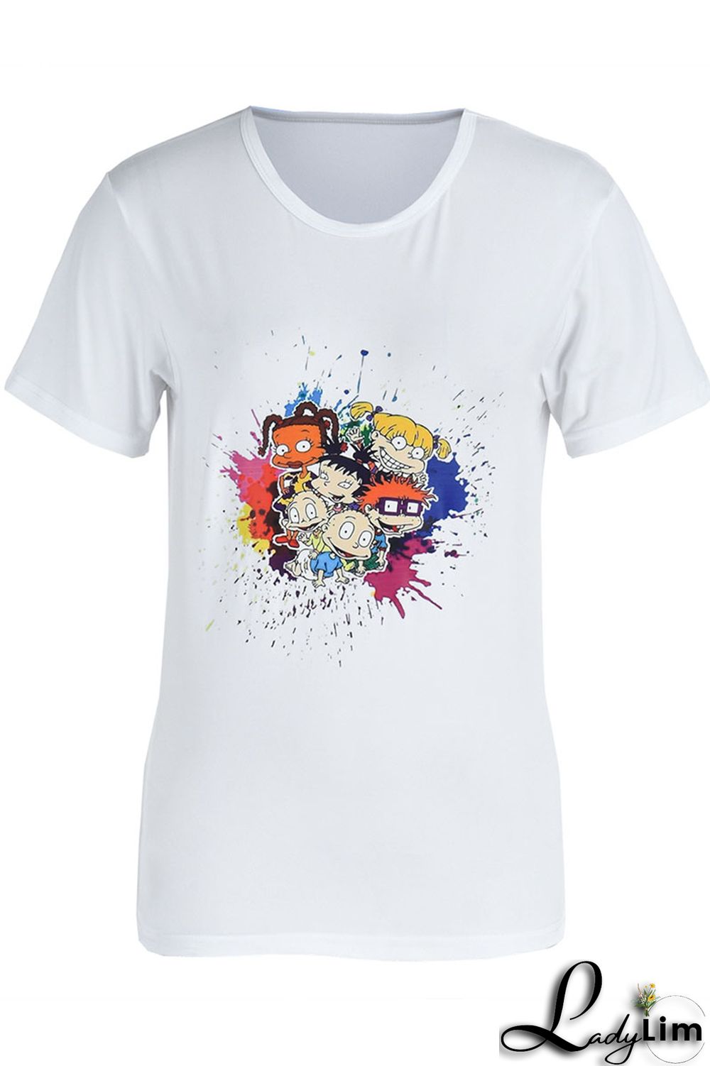 Pink Fashion Casual Cartoon Print Basic O Neck T-Shirts