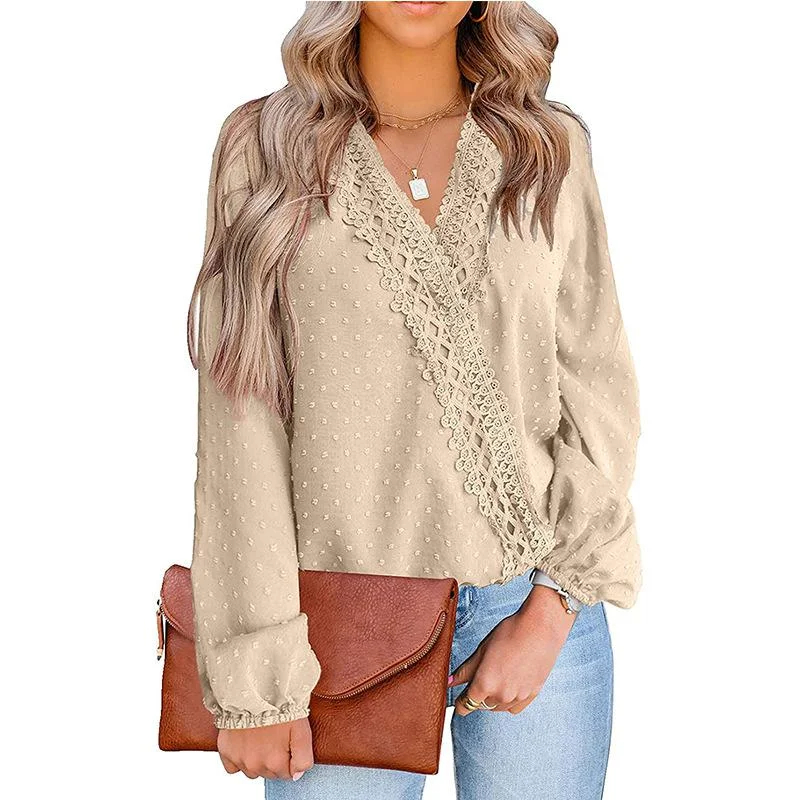 Loose Blouses For Women Fashion Lace Patchwork V Neck Long Sleeve Office Work Shirts Tops Lady Oversized Casual Chiffon Blouse