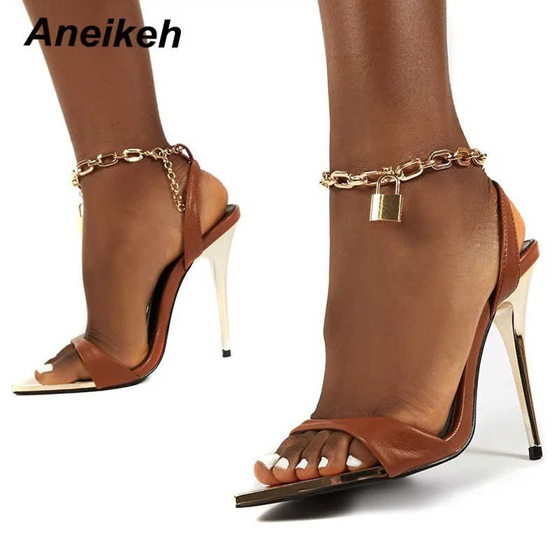Aneikeh 2021 Summer Thin High Heels Women's Shoes Fashion Sexy Metal Decoratio Cross-Tied Retro Patchwork Head Peep Toe Sandals