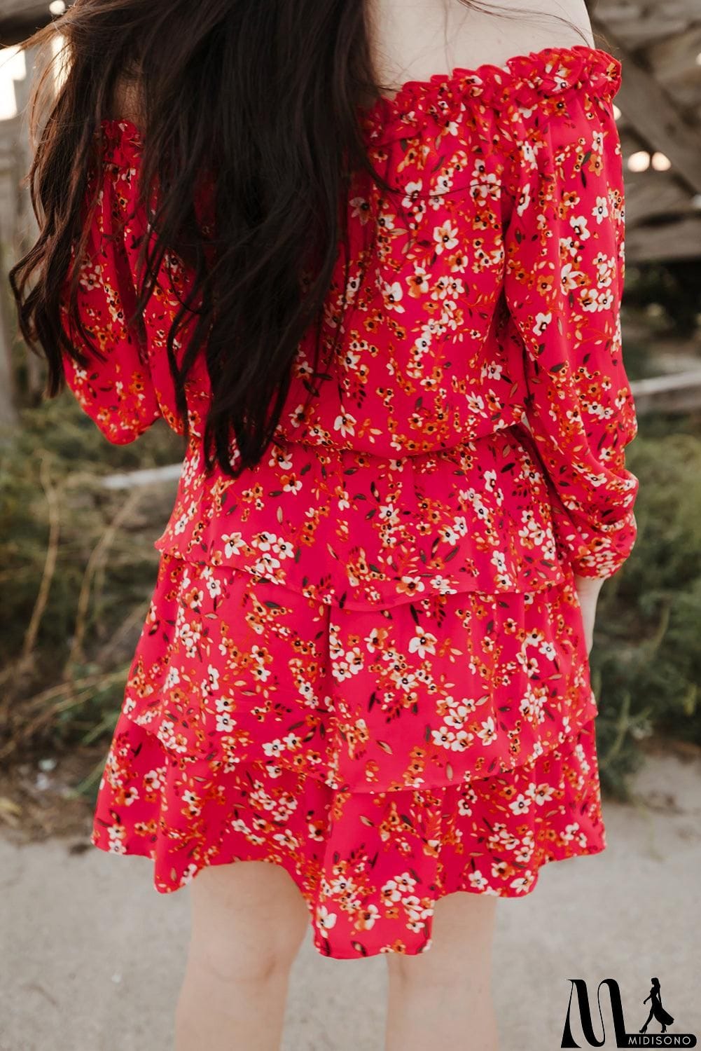 MidiSono - Floral Frill Trim Off-Shoulder Layered Dress