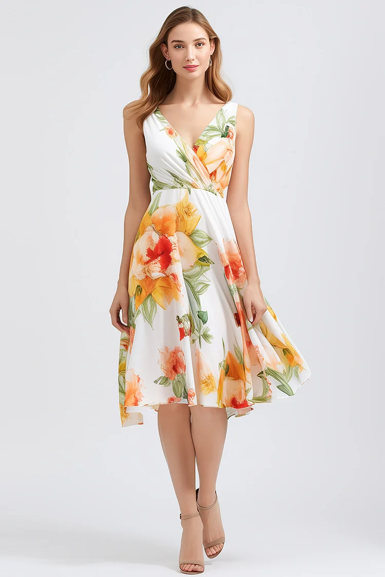 Zaruci Everyday Yellow Chiffon Floral Print Wrap Sleeveless Midi Dress [Pre-Order]