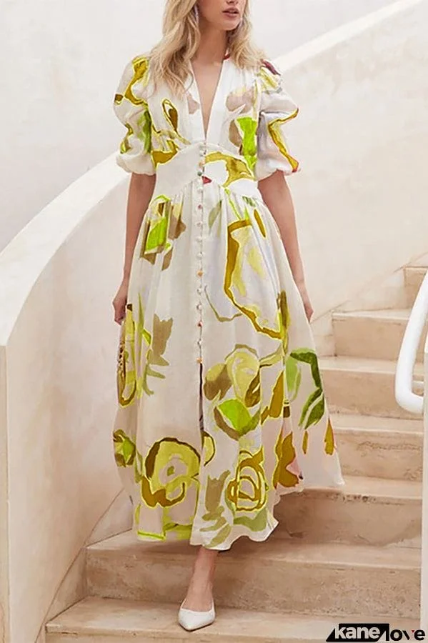 Lover's Gaze Watercolor Floral Printed Puff Sleeve Button Maxi Dress