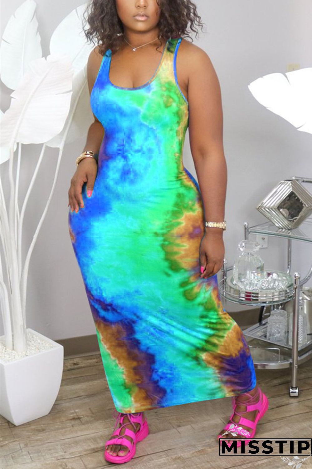 Orange Fashion Sexy Print Plus Size Sleeveless Dress
