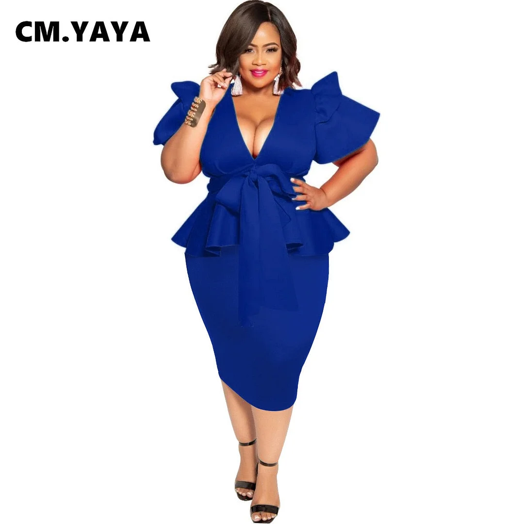 CM.YAYA Women Dress Plus Size Solid Short Sleeve Ruffles V-neck Sheath Elastic Mid Calf Pencil Dresses Office Lady Fashion Dress