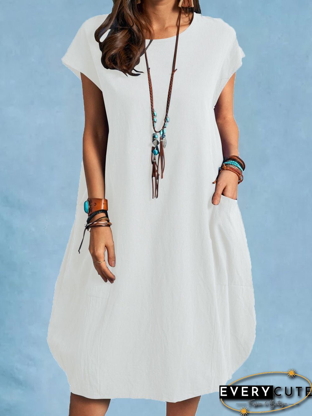 Women'S Dresses Casual Solid Crew Neck Pocket Dress