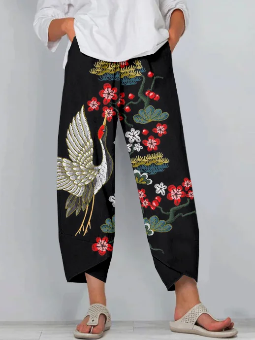 Comstylish Japanese Cranes with Flowers Embroidered Cropped Casual Pants