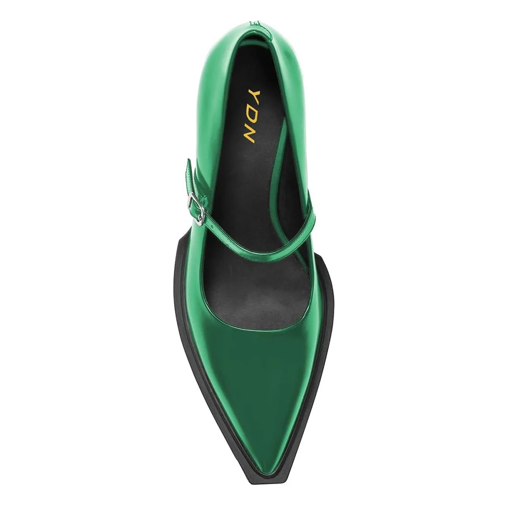 Green Buckle Strap Pointed Toe Classic Chunky Heeled Mary Janes