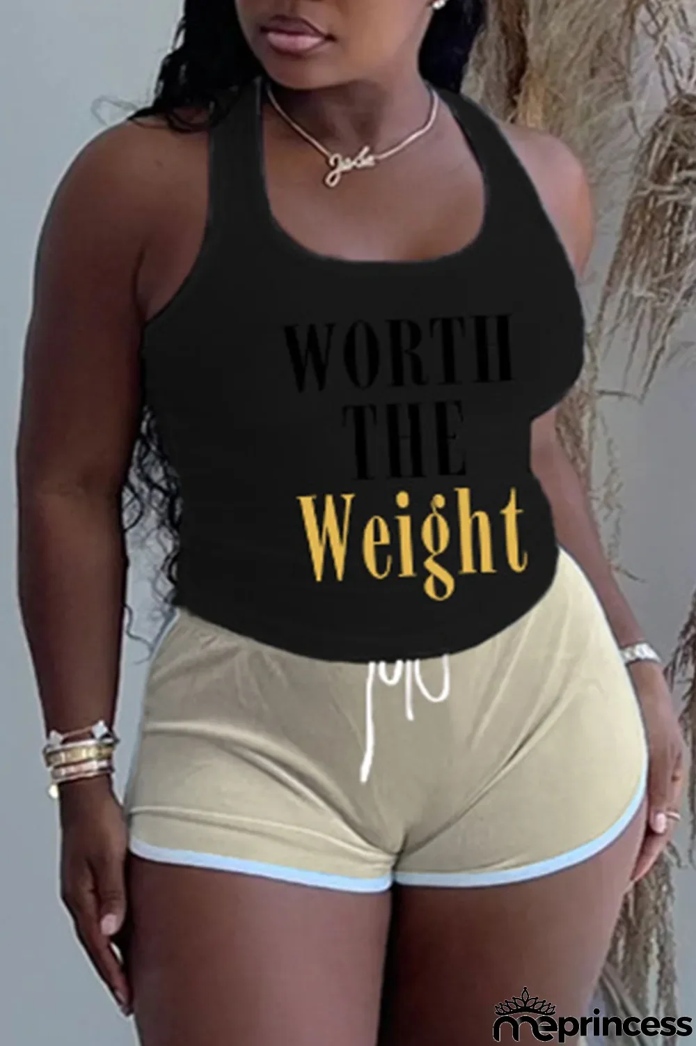 Black Plus Size Casual Letter Print Patchwork U Neck Plus Size Two Pieces