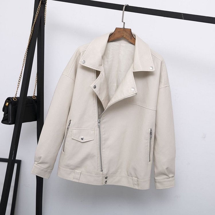 Fitaylor Autumn Faux Soft Leather Pu Jacket Women Loose Punk Coat Female Turndown Collar Moto Biker Rivet Zipper Street Overcoat - BlackFridayBuys