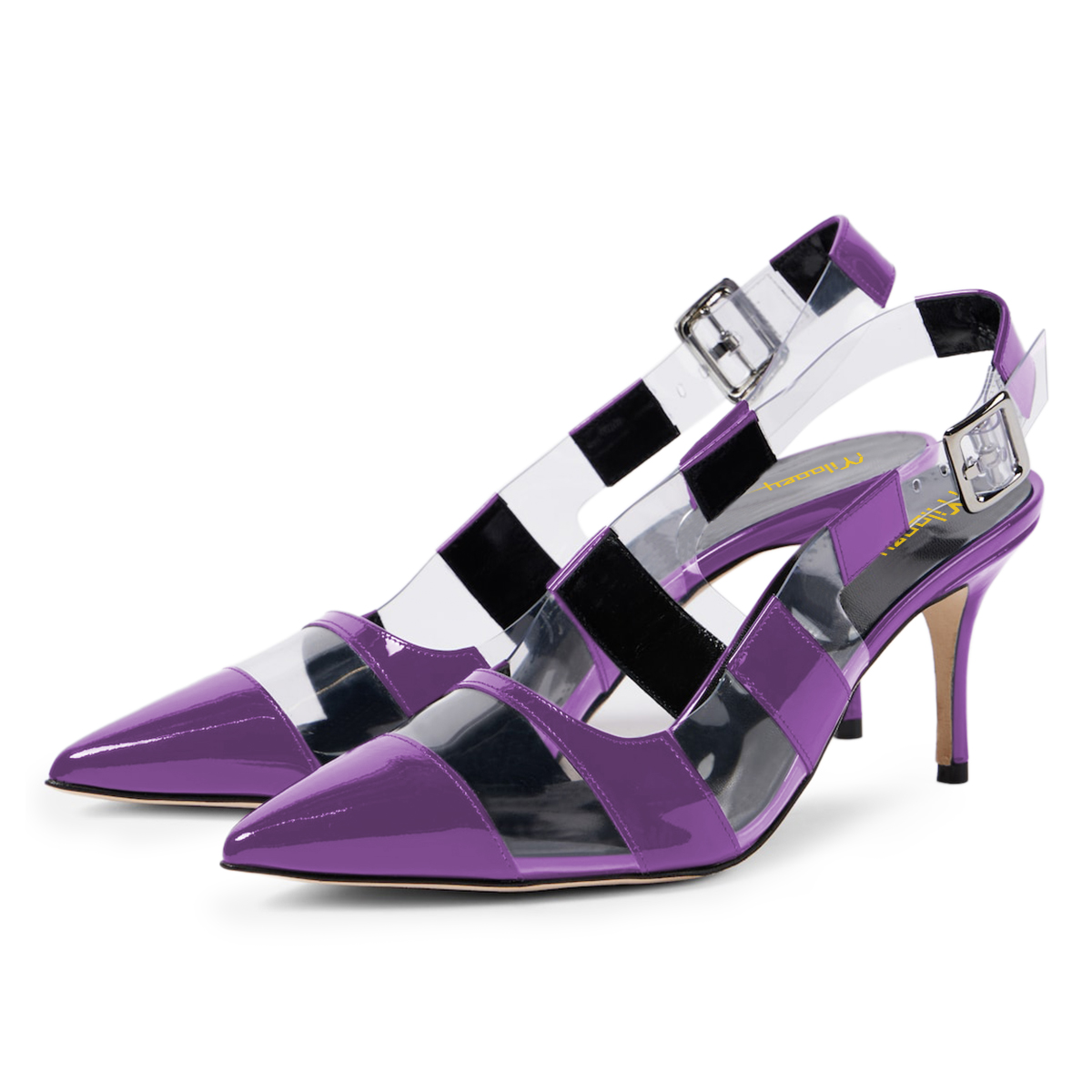 Purple Patent Stiletto Heel Buckled Slingback Shoes with Clear Strips Nicepairs