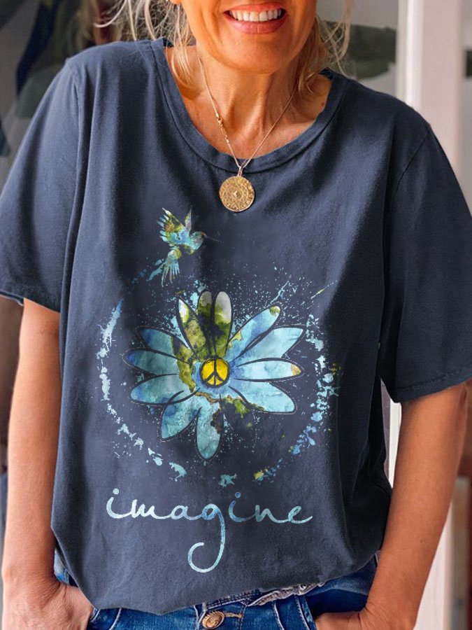 Imagine Hippie Flower Peace Print T-Shirt