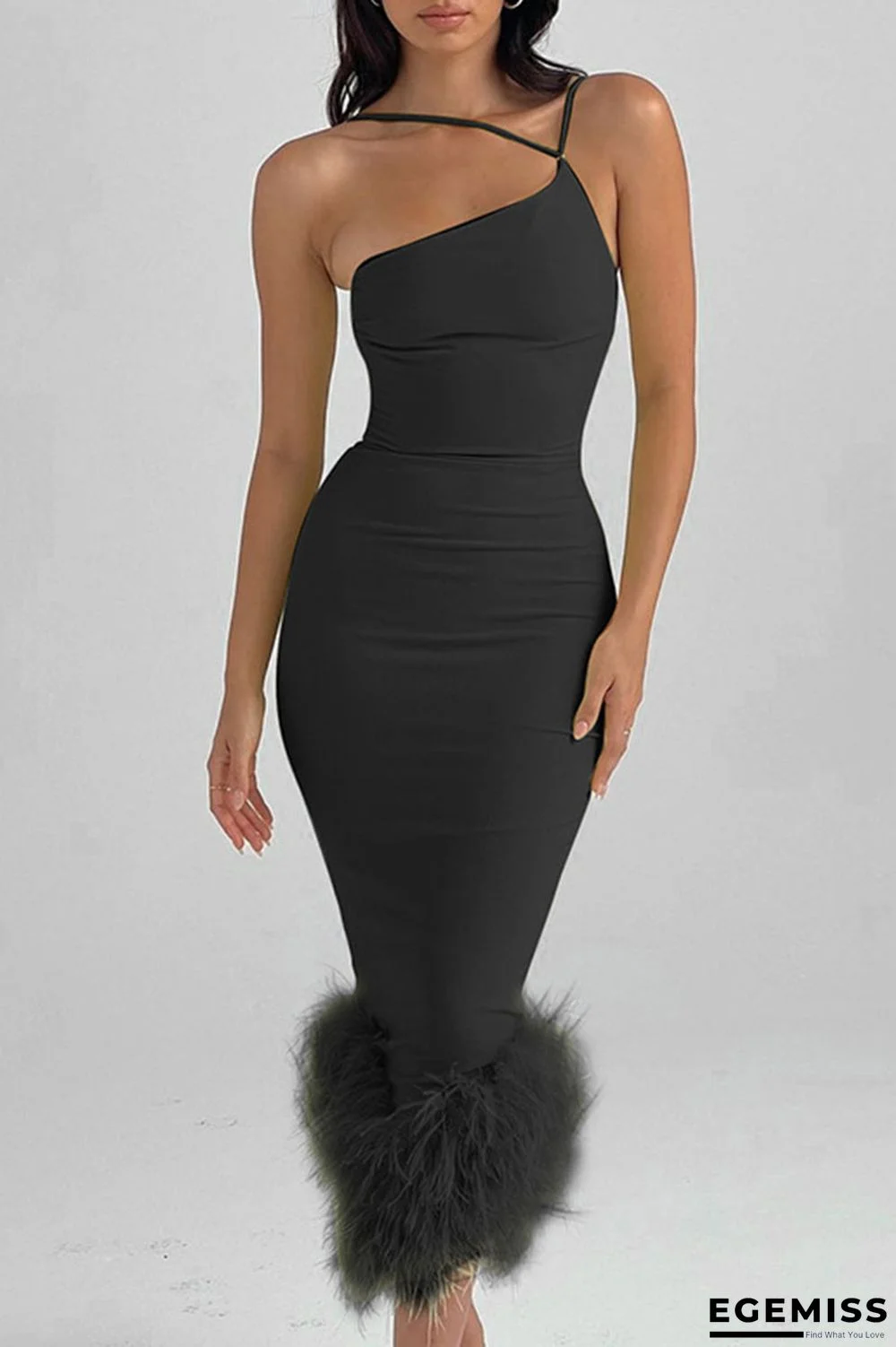 Black Sexy Solid Patchwork Feathers Asymmetrical Oblique Collar Trumpet Mermaid Dresses | EGEMISS