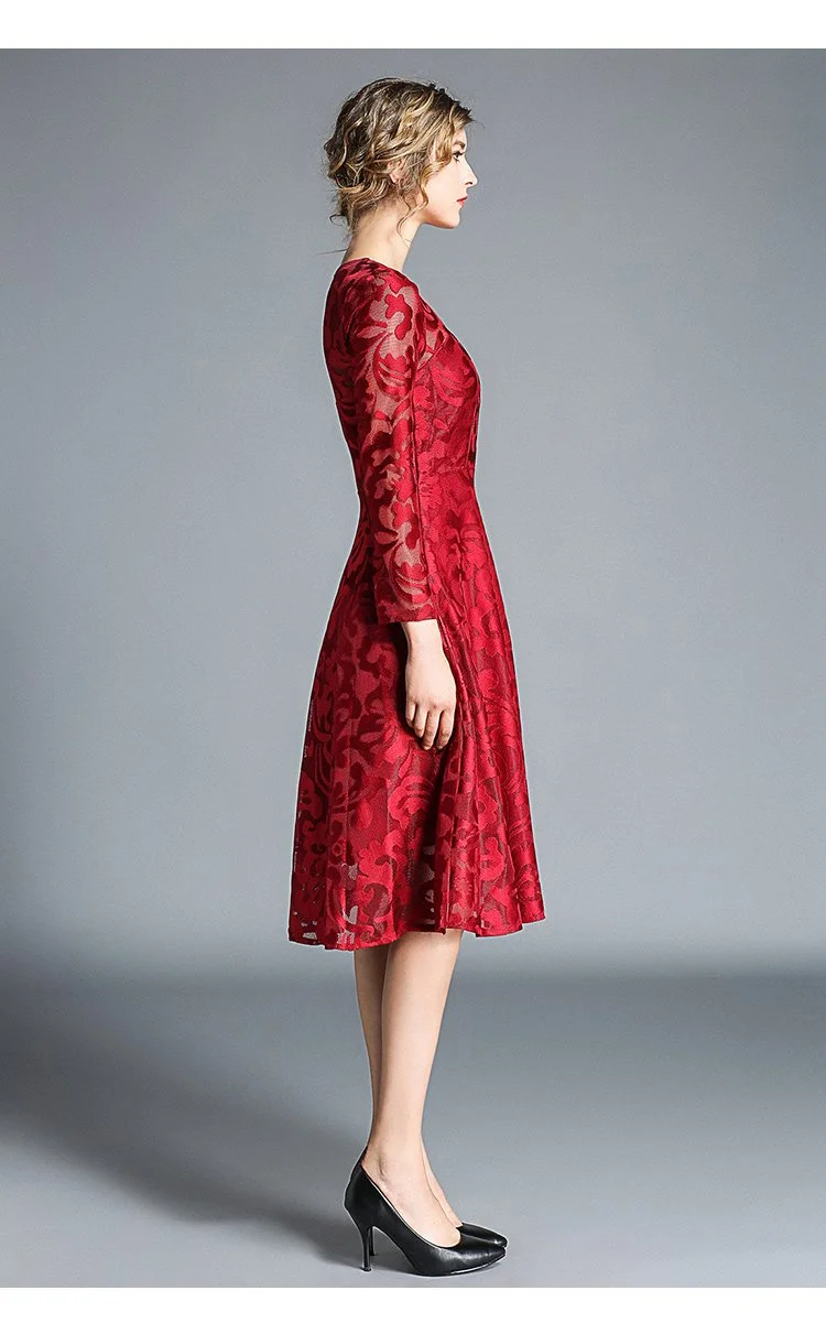Temperament mid-length lace big swing long-sleeved dress