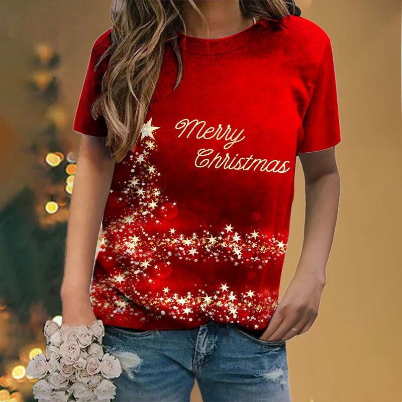 Merry Christmas Shiny Little Stars Print Casual T-shirt