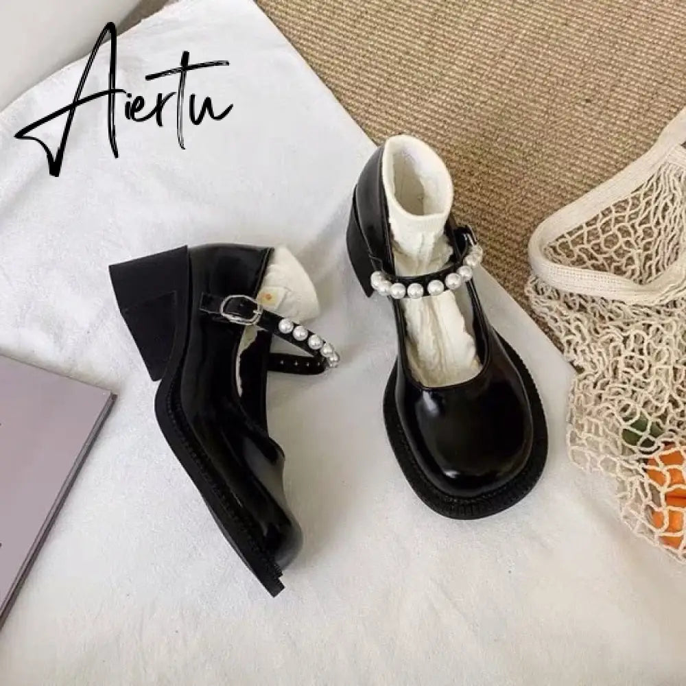 Aiertu Lolita shoes spring fashion pearl platform high heels Mary Jane Japanese retro small leather shoes female college students shoes Aiertu