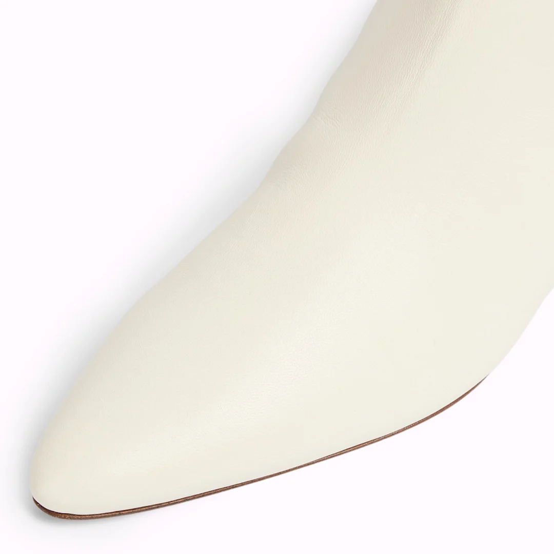 Ivory Vegan Leather Pointed Back-Zip Ankle Boots with Kitten Heel