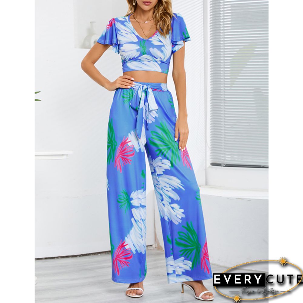 Blue Printed V Neck Crop and Wide Leg Pant Set