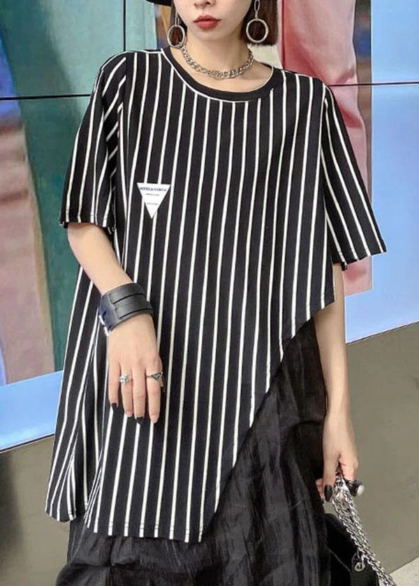 Stylish Black Striped Summer asymmetrical design Short Sleeve Tops
