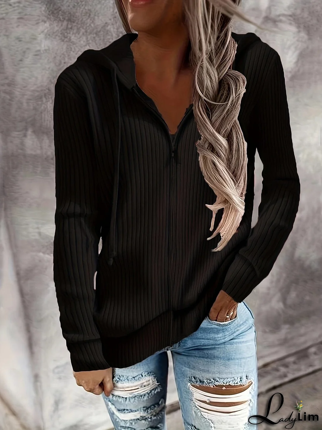 Plus Size Casual Coat, Women's Plus Solid Ribbed Zip Up Long Sleeve Drawstring Hoodie Sweater