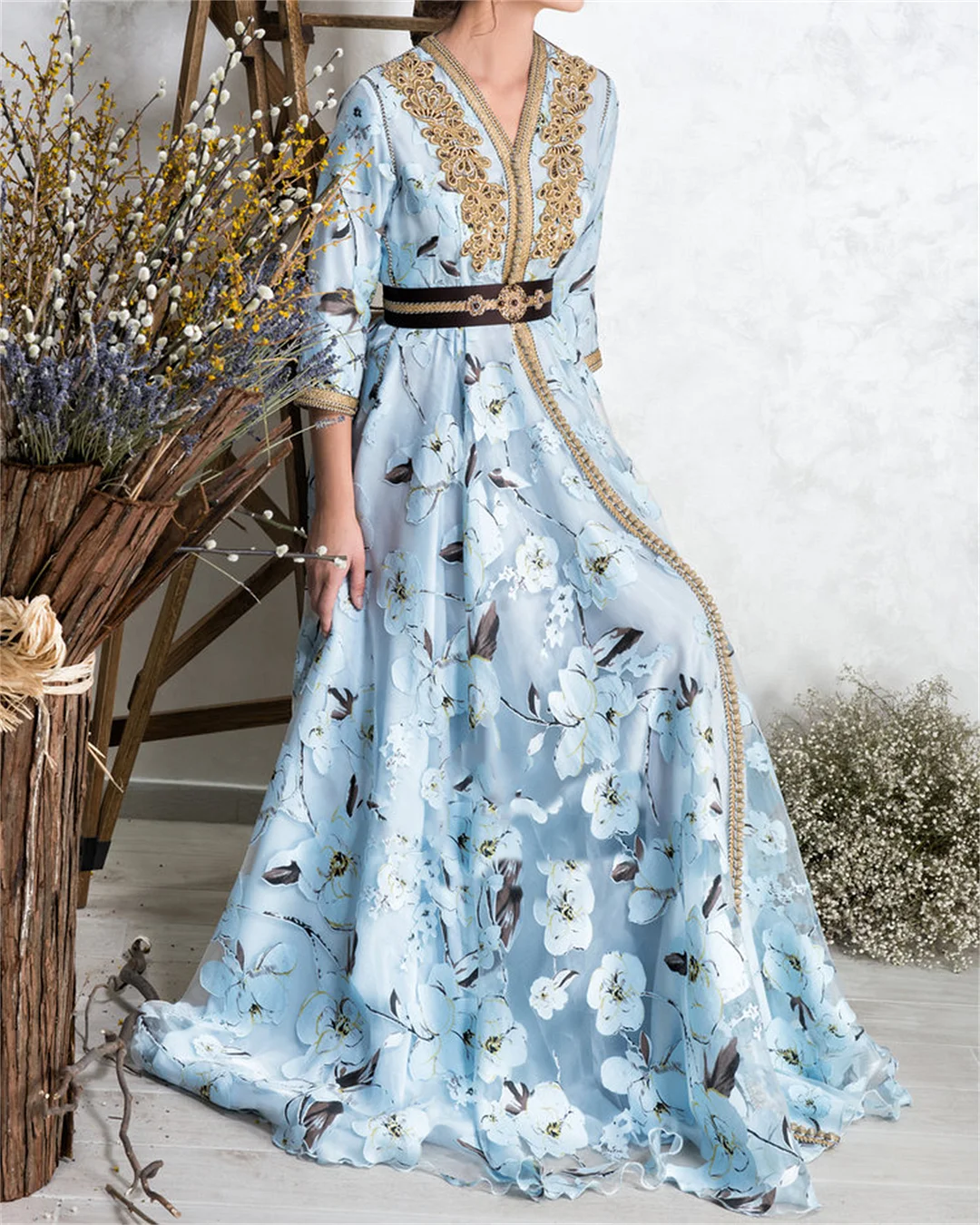 Elegant V-Neck Embroidered Printed Kaftan Dress