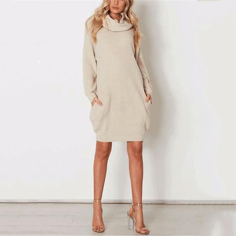 Casual Pure Color Callus Pile Neck Long Oversize Sweater Dress