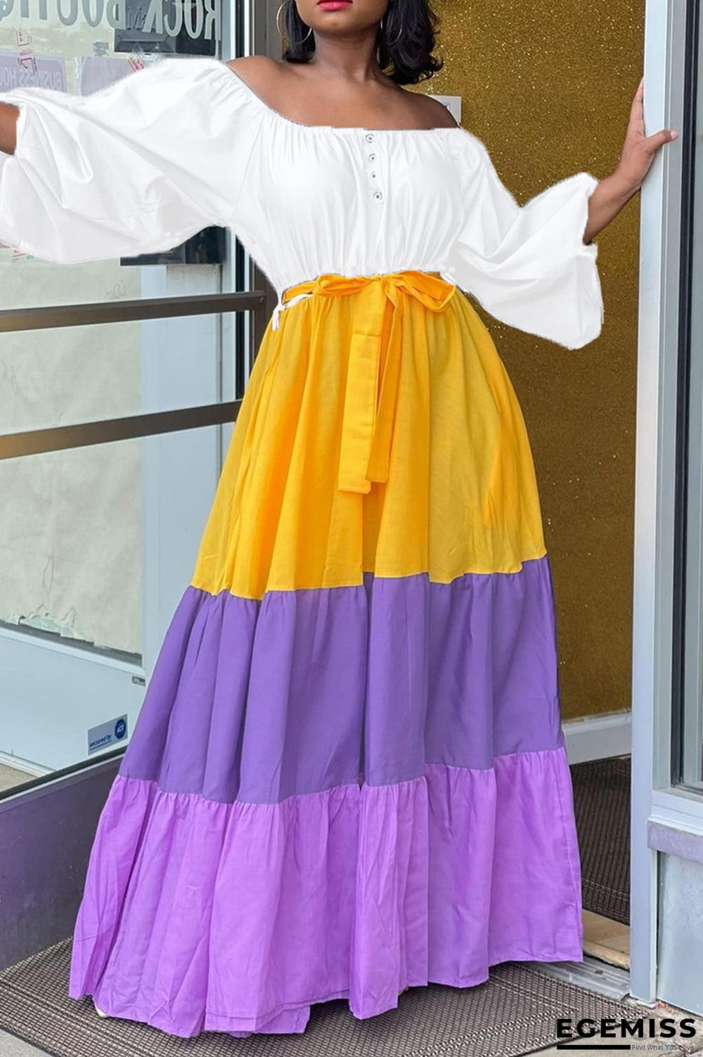 White Casual Print Patchwork Off the Shoulder Cake Skirt Dresses | EGEMISS