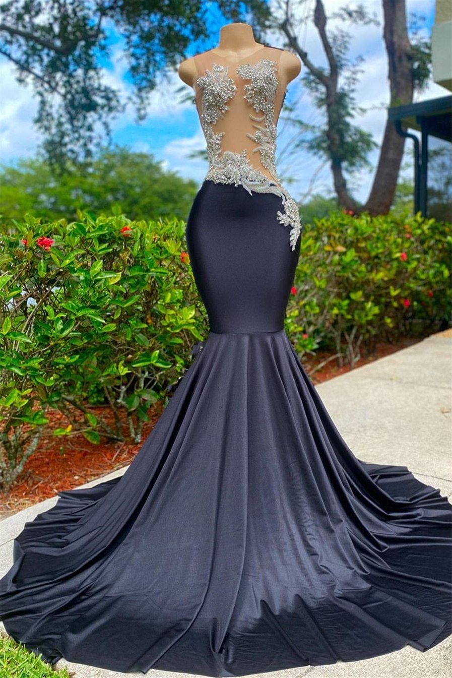 Modern Black Mermaid Beaded Prom Dress With Appliques | Ballbellas Ballbellas