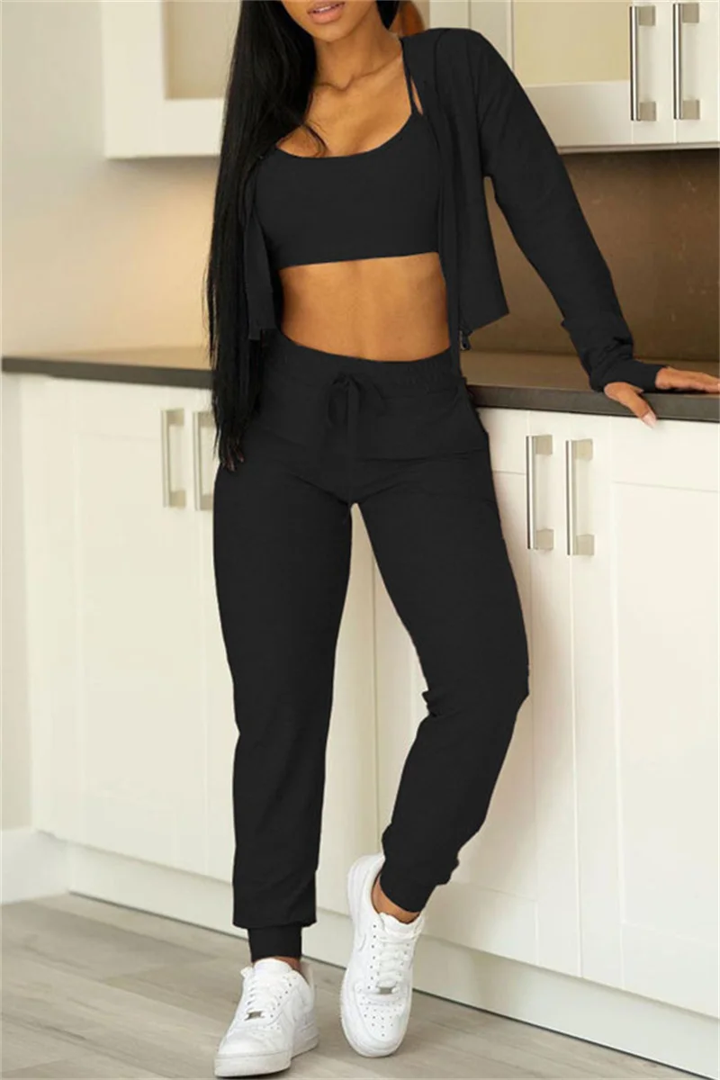 Black Casual Sportswear Solid Cardigan Vests Pants Long Sleeve Three-piece Set