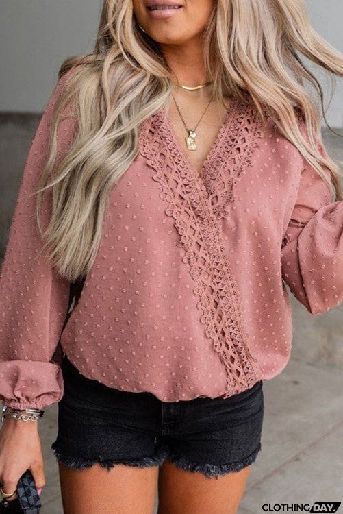 Dot Lace Trim Wrap Long Puff Sleeve Blouse
