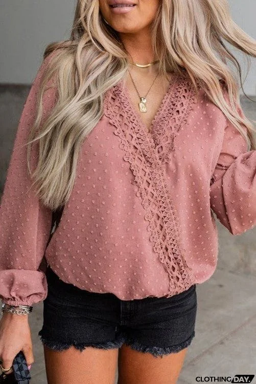 Dot Lace Trim Wrap Long Puff Sleeve Blouse