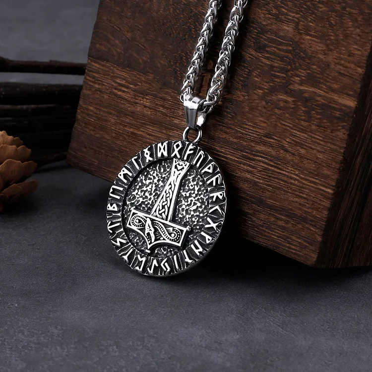 Coutureaura Thor's Hammer With Circle Of Runes Necklace