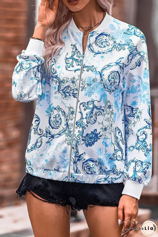 Floral Print Zipper Jacket Coat