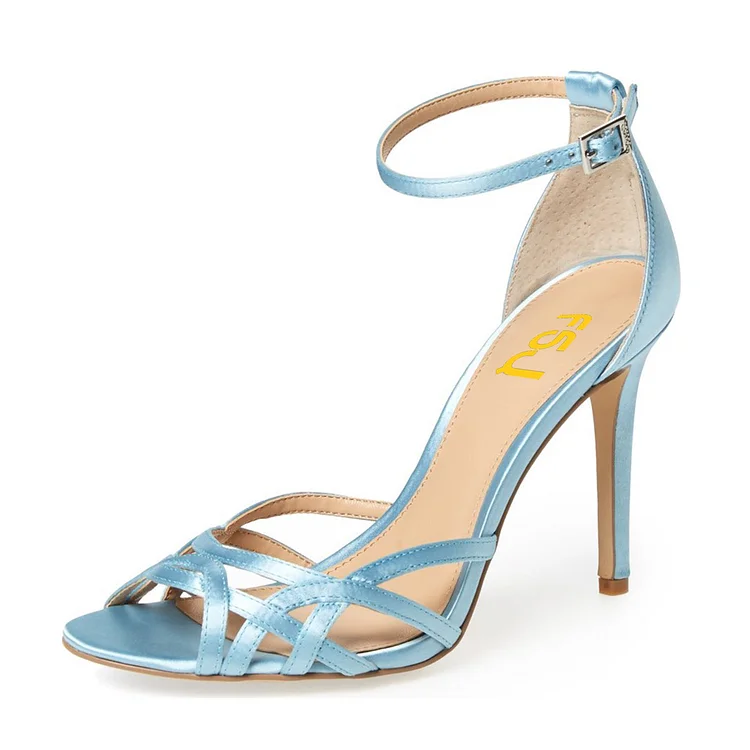 Women's Blue Open Toe Stiletto Heels Ankle Strap Sandals |FSJ Shoes