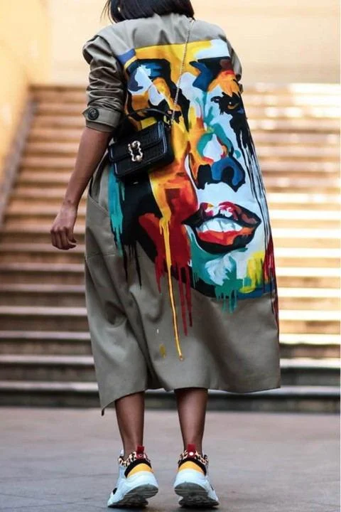 Mid-Length Back Printed Trench Coat
