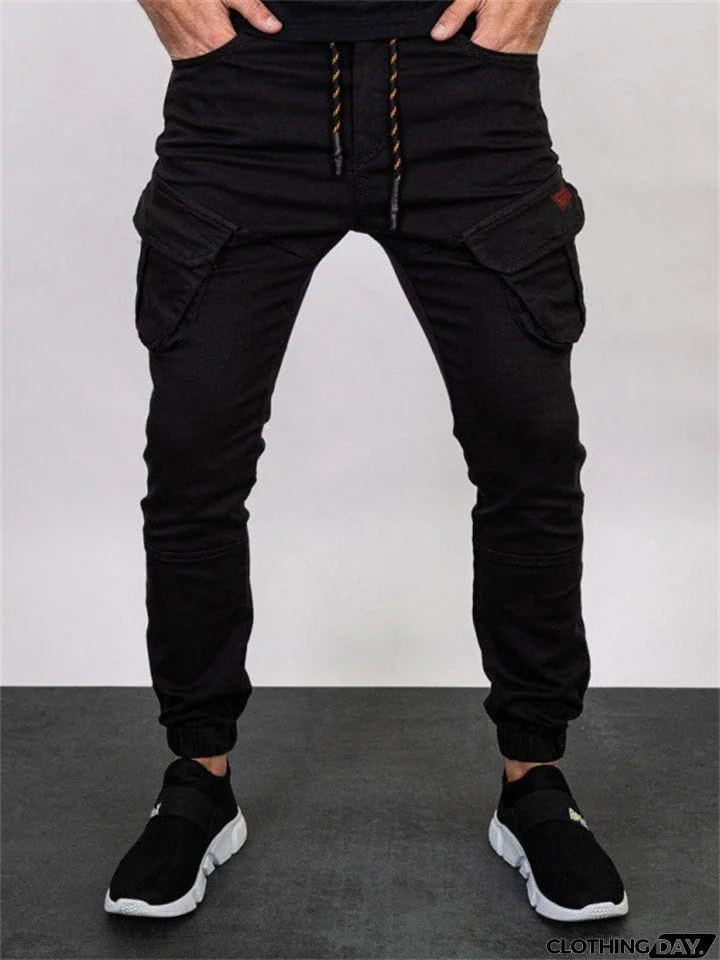 Men's Solid Close-fitting Ankle-tied Cargo Trousers