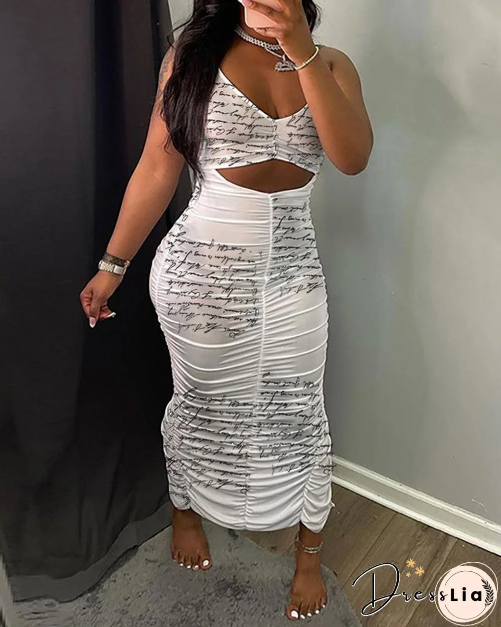 Letter Print Sleeveless Cutout Ruched Maxi Dress