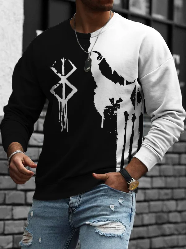 Broswear Men's Viking Berserker Rune Skull Contrast Color Sweatshirt